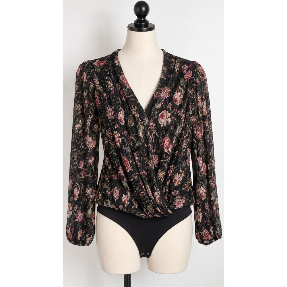 LC Lauren Conrad Floral Pleated Metallic Bodysuit NWT Black Multi Whimsygoth